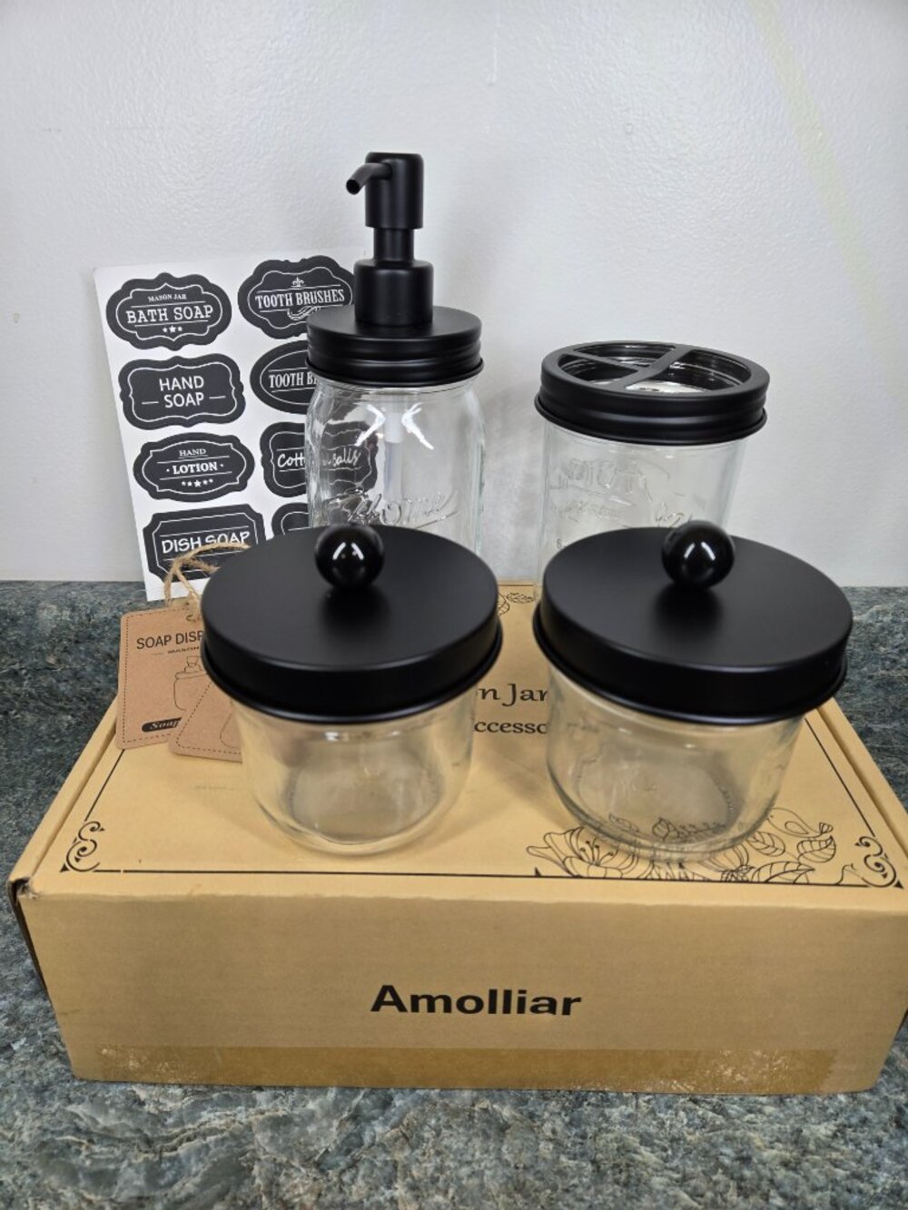 Amolliar Mason Jar Bathroom Accessories Set 4pc Black Farmhouse Rustic Decor NIB